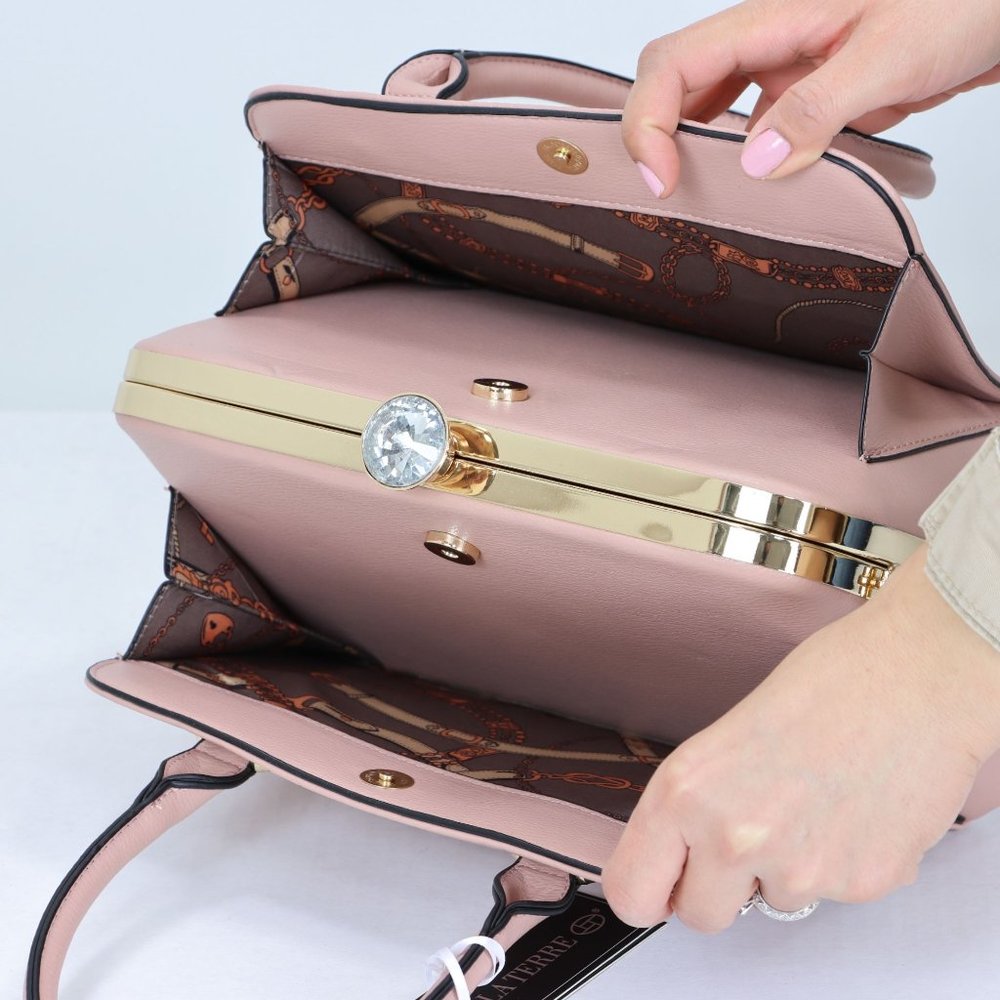 Pink Faux Leather Purse Diamond Snap Closure Doctor Satchel Tote Hand Bag - Picture 6 of 13